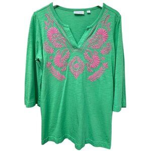 Kim Gravel Bellisima Top Medium Petite Green Pink Embroidery 3/4 Sleeve Tee